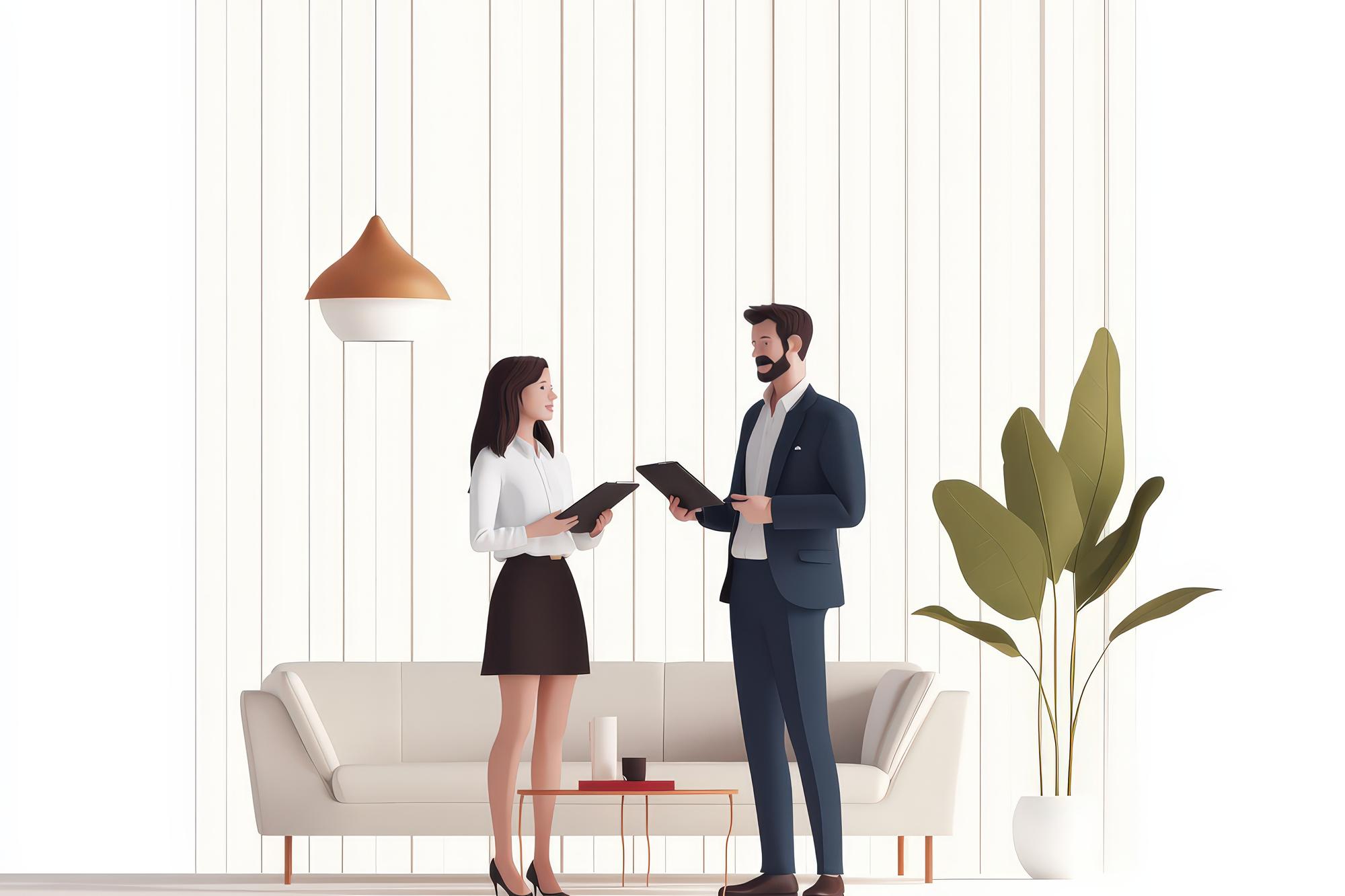 Agent imobiliár discutând cu proprietarul într-un living modern